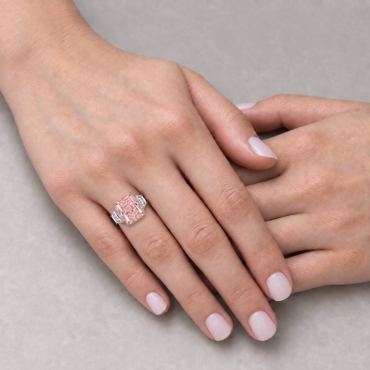 3.08 Carat Pink Lab Diamond Three-Stone Ring in Platinum